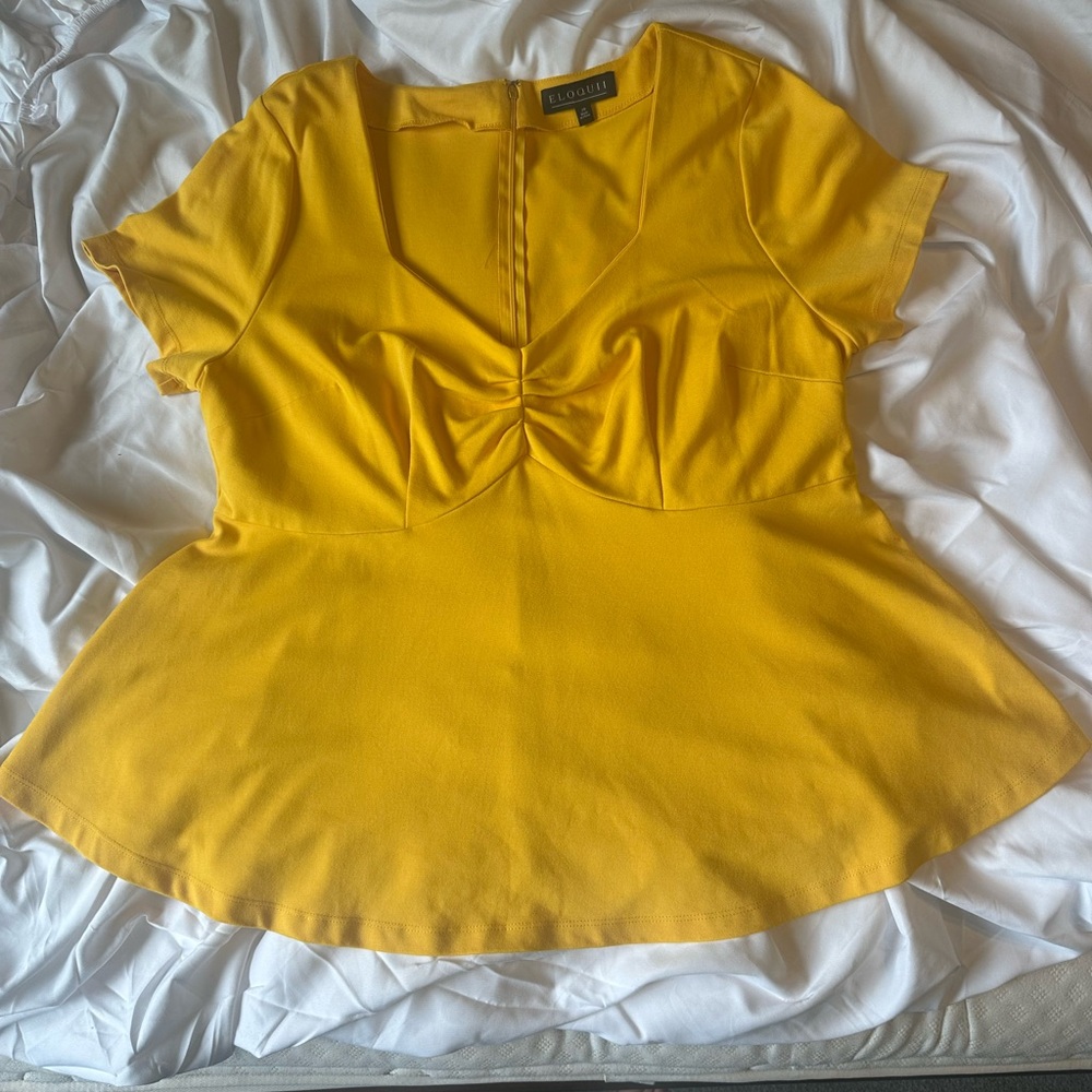 Eloquii Yellow Ruched Peplum Blouse Short Sleeve